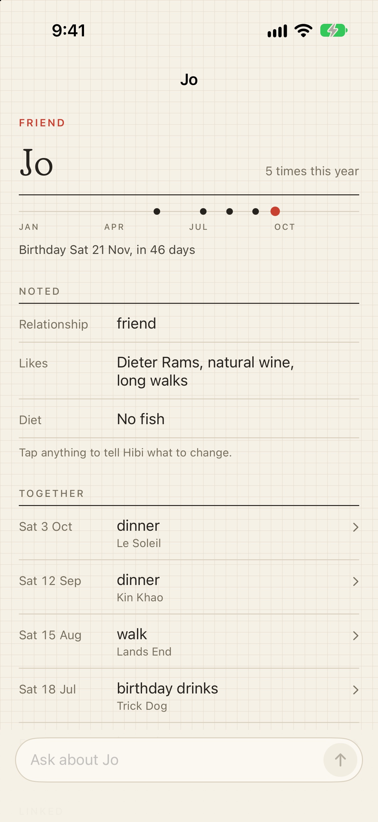 Jo's page in Hibi: seen 5 times this year, birthday in 46 days, what's noted, and every time you were together