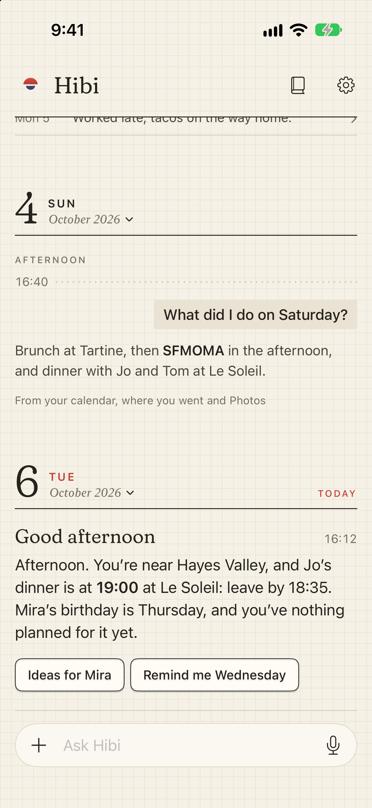 Opening Hibi in the afternoon: Good afternoon, where you are, when to leave for dinner with Jo, and Mira's birthday on Thursday